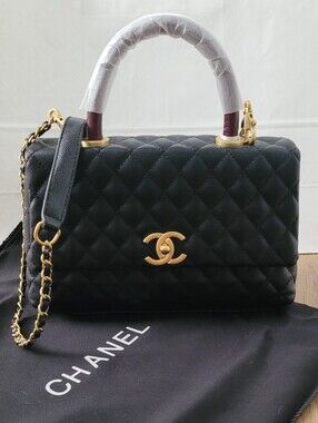 Black Quilted Leather Top-Handle Shoulder Bag with Gold Hardware
